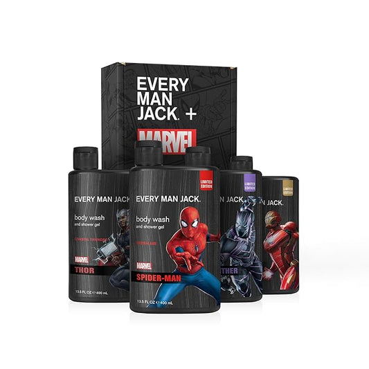 Every Man Jack Marvel Collectors Box Body Wash Gift Set - Includes Four Body Washes with Clean Ingredients - Marvel-Inspired Fresh Air, Coastal Thunder, Crimson Oak, and Wakanda Herbs Fragrances