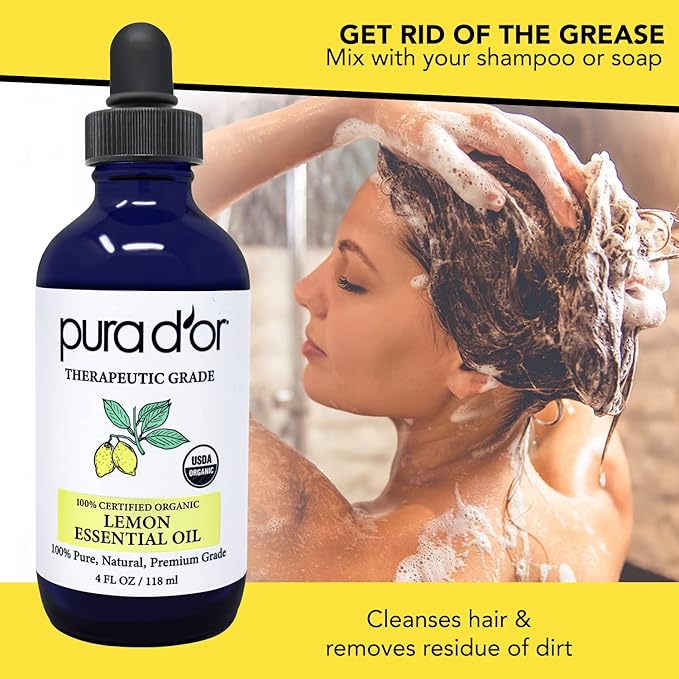 PURA D'OR Organic Lemon Essential Oil (4oz with Glass Dropper) USDA Certified 100% Pure & Natural Therapeutic Grade Diffuser Oil Citrus Scented for Aromatherapy, Mood Uplift, Energy, Focus