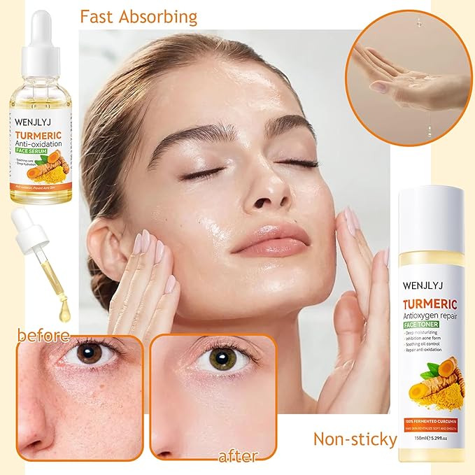 Turmeric Soap Skincare Set with Honey Face Sheets Mask,Hydrating Travel Size Turmeric Face Wash,Moisturizing Face Toner & Face Serum & Face Cream,Eye Cream Skin Care Gift Set for Women（9PCS)