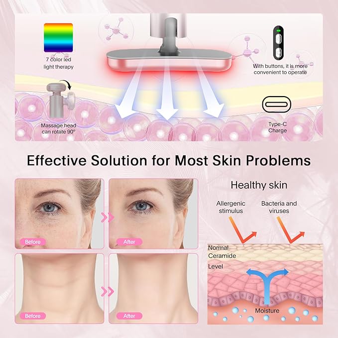 Red-Light-Therapy-Wand, 7 Colors LED Facial Light Therapy Wand for Face and Neck Rejuvenation, Face Massager Eye Beauty Tool at Home