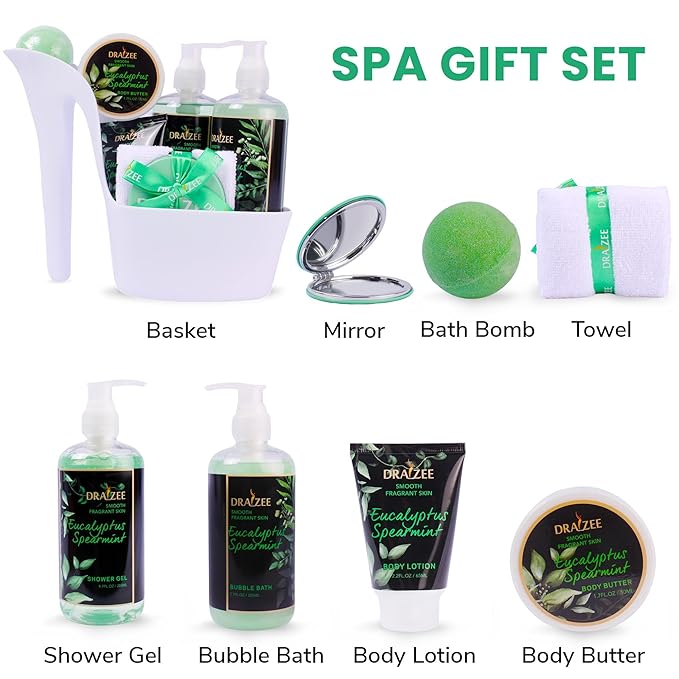 Draizee Mothers Day Gifts for Mom-Spa Gift Baskets for Women-8 Pcs Luxury Eucalyptus Spearmint Scented Heel Shoe Design Bath and Body Spa Set-Self Care Package for Women, Present for Mom-Body Care Set