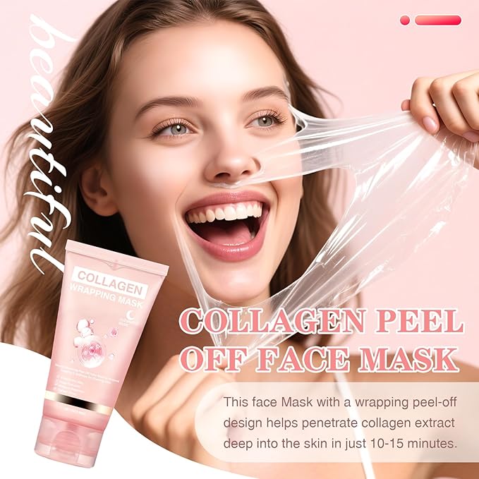 Collagen Overnight Wrapping Peel Off Face Mask Overnight Collagen Face Mask -Deep Hydration Care, Reduce Sagging & Dullness-Korean Skin Care for Glowing Skin 2.65 fl.oz, Brush Included(Pink)