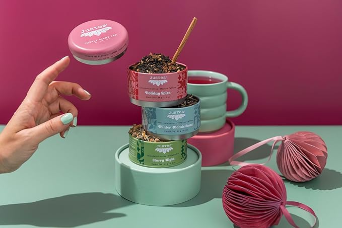 JusTea HOLIDAY TEA TRIO | Stacking Tins Variety Pack with Hand Carved Tea Spoon | Loose Leaf Tea | Variable Caffeine | Award-Winning | Fair Trade | Non-GMO