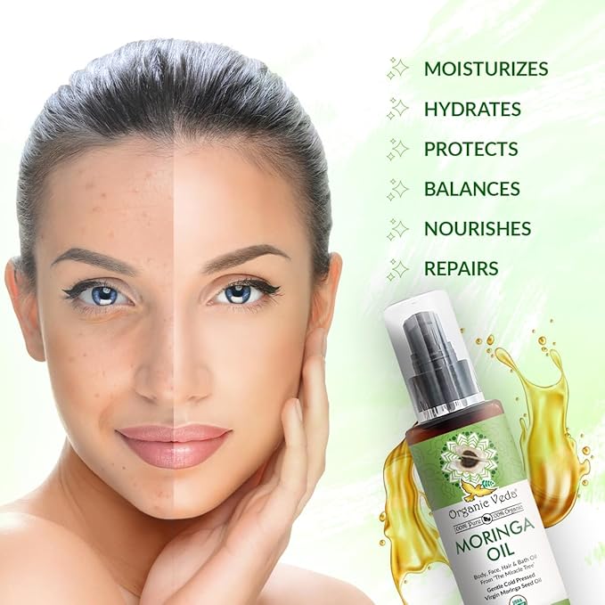Organic Veda Moringa Oil Virgin 100% Pure & USDA Organic - Multi Purpose, Face, Hair & Skin, Nails, Fast Absorbing, Moisturizing & Beautifying - The Miracle Tree Moringa Oleifera Seed Oil, 3.4 fl.oz