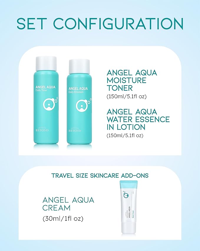 BEYOND Angel Aqua Moisture Skincare Set (11.2fl oz , 3-Piece Set) - Vegan Formula Korean Skin Care for Dry & Rough Skin. Toner & Emulsion. Hyaluronic Acid, Cica, Pantenol