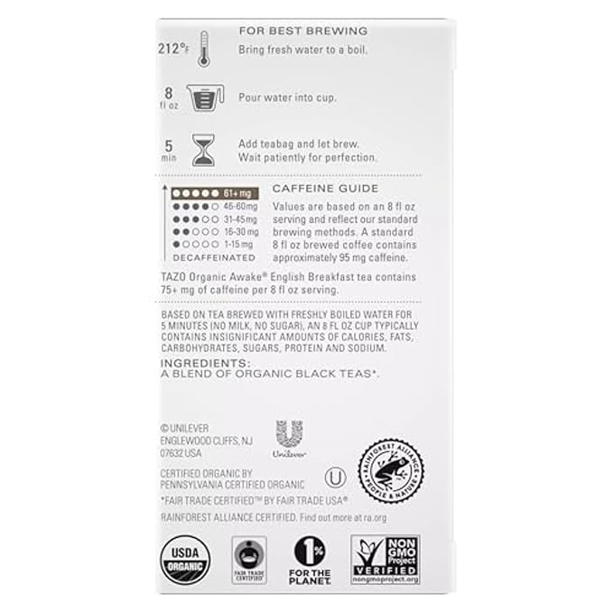 TAZO Organic Awake English Breakfast Black Tea Bags, 96 Total Tea Bags (16ct - Pack of 6)