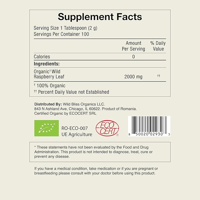 Wild Bliss Organic Red Raspberry Leaf Tea Pregnancy and Menstrual Support - Loose Leaf Herbal Tea - 7 Ounces - 100 Servings