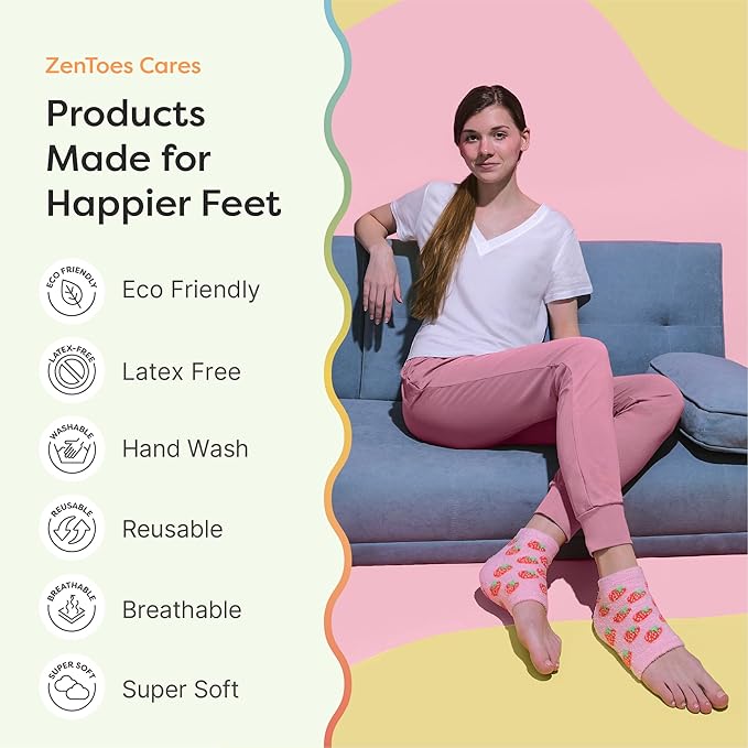 ZenToes Moisturizing Socks for Cracked Heel Treatment - Vitamin E, Olive Oil and Jojoba Oil Infused Heel Socks to Soften and Hydrate (Pink Strawberries, Regular)