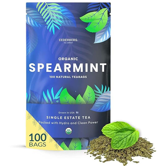 Organic Spearmint Herbal Tea — 100 Tea Bags | Grown in USA | Eco-Friendly Tea Bags | Non-GMO Caffeine Free Tea | Cederberg Tea Company