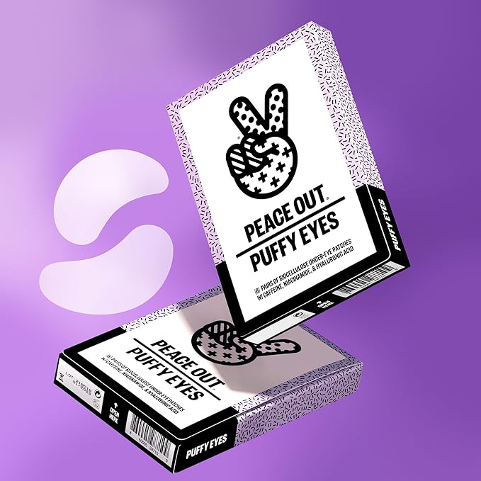 PEACE OUT Skincare Puffy Eyes, Biocellulose Under-Eye Mask, Minimize Puffiness & Tired Eyes with Caffeine and Niacinamide, Under Eye Patches for Dark Circles, 6 pairs