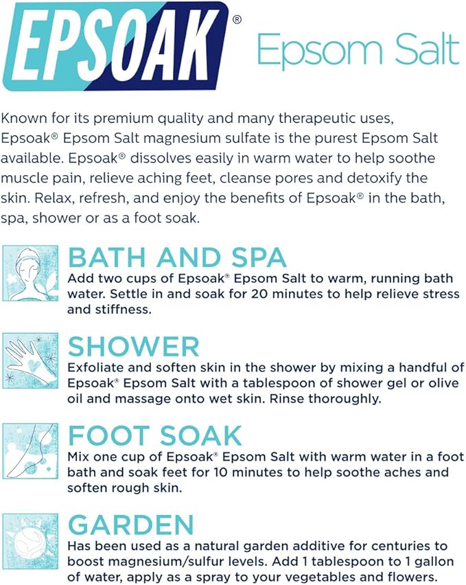 Epsoak Epsom Salt 2 lb. Magnesium Sulfate USP. (Qty. 1 x 2lb. Bags) Resealable Epsom Salt Bulk Bags Unscented, Made in The USA, Cruelty-Free Certified
