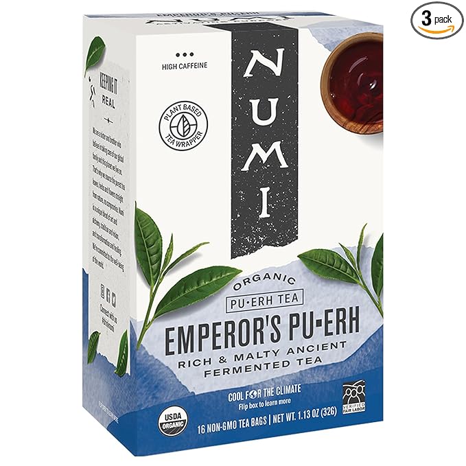 Numi Organic Emperor's Pu-erh Tea, 16 Tea Bags (Pack of 3), Aged Fermented Yunnan Black Tea - 48 Total Tea Bags