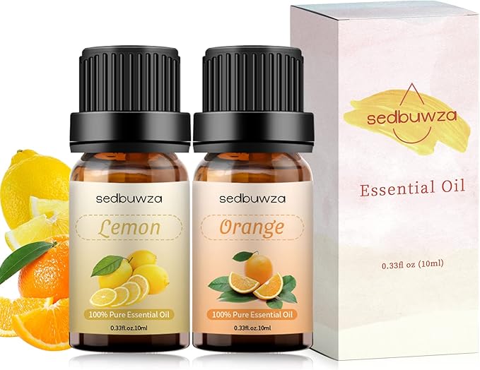 Sedbuwza Lemon Orange Essential Oil Set, Lemon Fragrance Oil Orange Scent Oil Set for Diffuser, Aromatherapy, Massage, Soap, Candle Making 2 x 10 ml