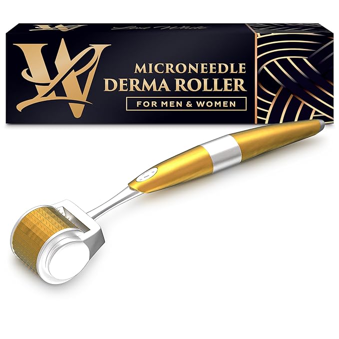 Derma Roller for Skin, Hair & Beard – Women and Men Titanium Microneedling Roller for Face & Scalp, Safe & Easy to Use - Premium Gold