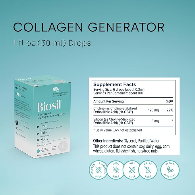 Biosil Collagen Generator - 1 fl oz Drops - with Patented ch-OSA Complex - Generates & Protects Your Own Collagen - GMO Free - 60-Day Supply