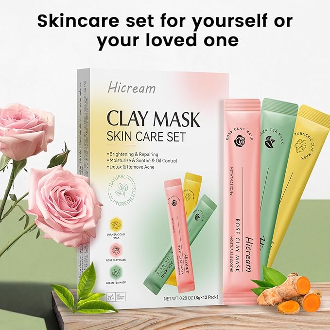 Turmeric Clay Mask, Rose Face Mask & Green Tea Mud Mask 12 PCS - Spa Facial Mask Set Gift for Women & Men, Skin Care Set for Deep Cleansing, Moisturizing, and Refining Pores