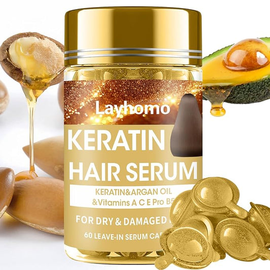 Keratin Hair Treatment Serum,60 Capsules Hair Treatment Oil for Dry Damaged Hair,Hair Oil with Keratin,Argan Oil-Leave-in Anti Frizz Conditioner with Vitamins A, C, E & B5- No Rinse for All Hair Types