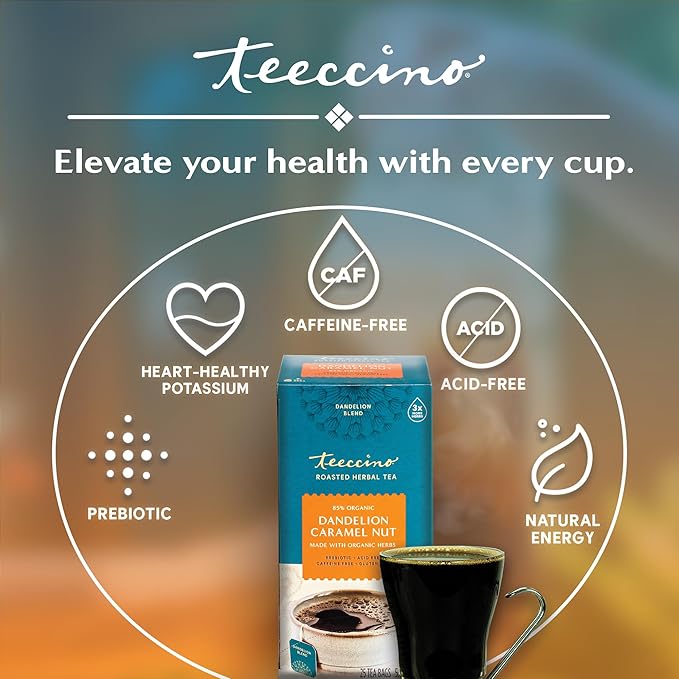 Teeccino Dandelion Caramel Nut Tea, 25 Tea Bags - Caffeine Free, Roasted Herbal Tea with Prebiotics, 3x More Herbs than Regular Tea Bags, Gluten Free, Great Hot or Iced, Herbal Tea