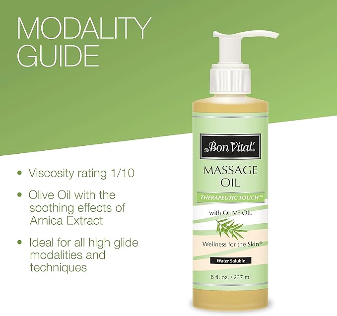 Bon Vital' Therapeutic Touch Massage Oil Made with Olive Oil to Repair Dry Skin & Soothe Sore Muscles, Lightweight Oil Perfect for Any Massage to Hydrate and Nourish Dry, Rough Skin, 8 Ounce Bottle