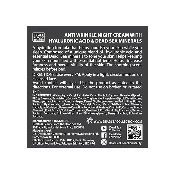 Dead Sea Collection Night Cream for Face with 5% Hyaluronic Acid, Dead Sea Minerals, and Vitamin E – Anti Aging Nourishing Skin Care Moisturizer to Reduce Wrinkles (1.69 fl. oz)