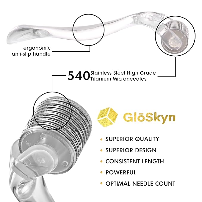 GlSkyn Derma Roller for Face, Scalp, and Beard - 0.25mm Microneedling Roller with 540 Titanium Microneedles