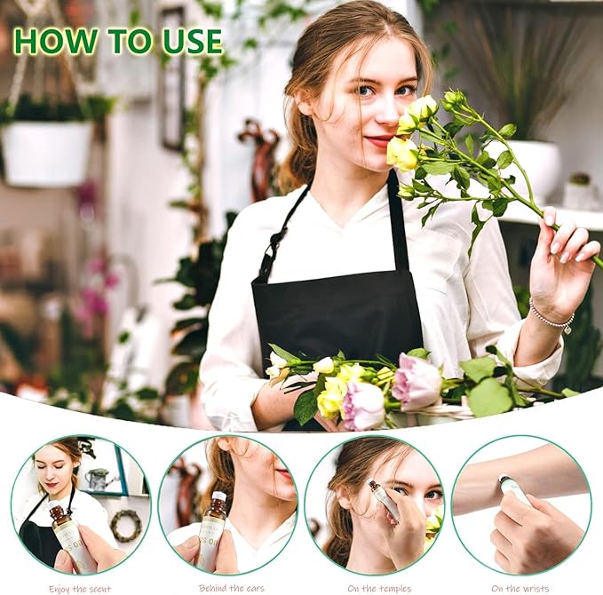 Aromatherapy Oils Roller Set, Natural Pre-diluted Essential Oils Roll On with Glass Rollerball, Relaxation Gift for Women & Men, Christmas Gift, Pack 4 x 0.33fl.oz