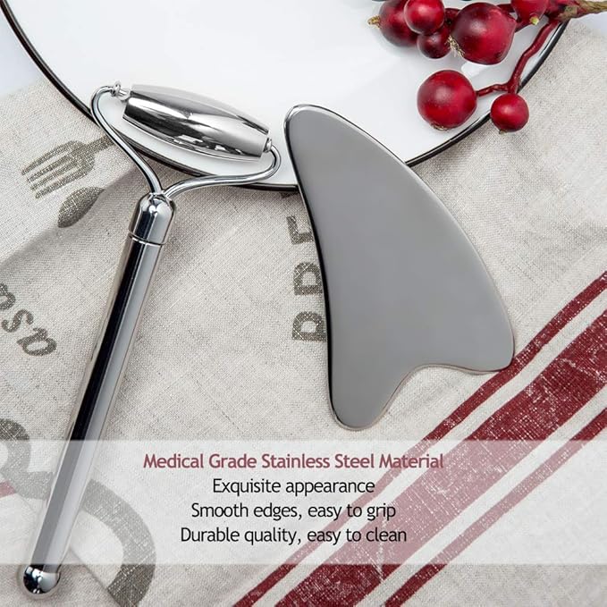 Face Roller and Gua Sha Set - Stainless Steel Mini Eye Roller Set, Face Massager for Wrinkles, Anti Aging Facial Roller - Authentic, Durable, Noiseless Design