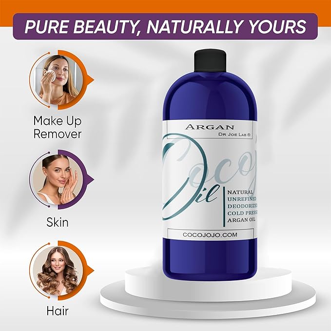 cocojojo Argan Oil Deodorized for Hair Treatment Oils, Pure Argan Oil for Face, Unrefined Unscented Cold Pressed Extra Virgin - 32 Oz - Packaging May Vary