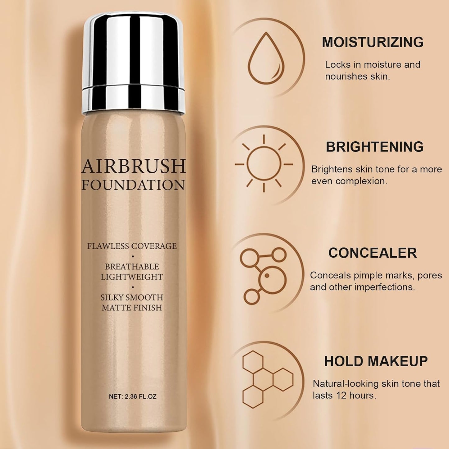 Airbrush Foundation Makeup Spray, Long Lasting Waterproof Full Coverage Foundation for Brighten, Concealer and Hydrating, Natural Matte Finish, Brush and Makeup Sponge Include, 2.36oz (#2 Beige)