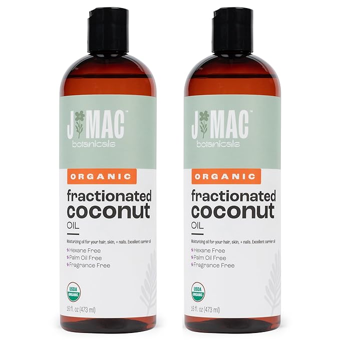 J Mac Botanicals, Organic Fractionated Coconut Oil (32 oz - 2 Pack 16 Ounce Bottles) Carrier Oil for diluting Essential Oils, Hair and Skin Conditioner, Massage