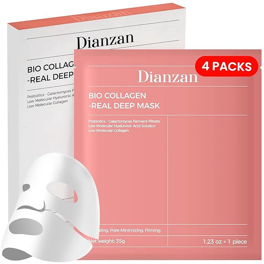 Dianzan Bio-Collagen Real Deep Mask,Overnight Hydrating Face Mask with Hyaluronic Acid & Collagen, Korean Formula for Dry, Sensitive Skin - Tightens Pores, Firms Skin, Reduces Fine Lines,35g x 4ea