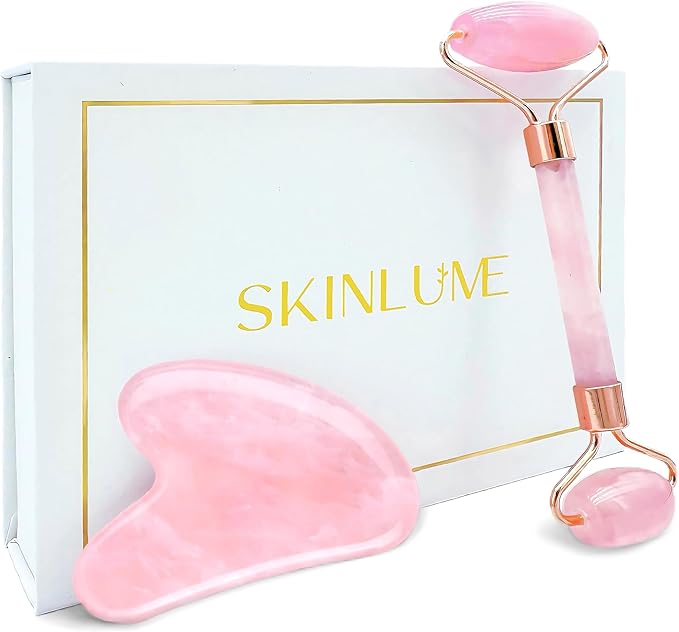 Jade Roller Gua Sha Facial Tool - for Face Neck Eye Jawline, Reduce Puffiness and Tension, Gift Set for Men Woman 100% Natural Jade Stone (Pink)