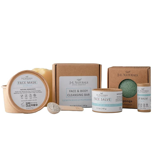 J&L Naturals Exceptional Skin Regimen Kit With Cleansing Bar, Face Salve, Konjac Sponge, Lip Balm | For Oily, Dry, Mature, and Combination Skin | Zero Waste (Hydrate (dry skin), Exceptional)