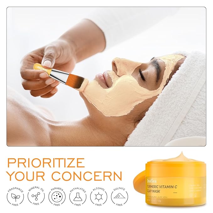 ZealSea Vitamin C American Kaolin Clay Mask with Turmeric, Pro Ultra-Fine Creamy Texture, Deep Pore Cleansing Even Skin Tone Brighten Control Oil Detoxify, 30% Aloe, Jojoba Oil, Shea Butter & Squalane