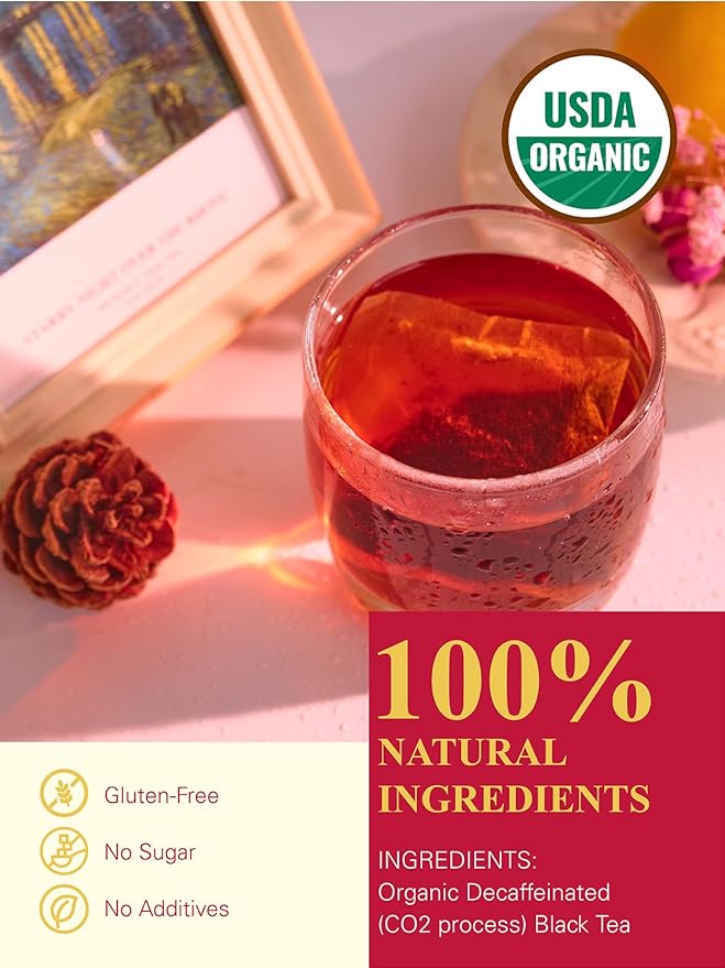 GLDNT Organic Decaf Black Tea Bags, Organic Black Tea Decaffeinated, Smooth Taste, Iced & Hot Tea, 100 Count