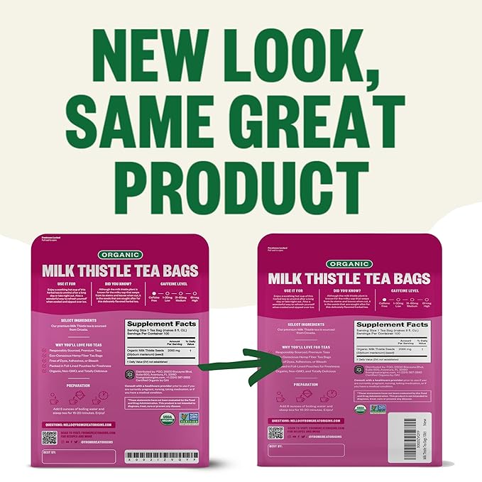 FGO Organic Milk Thistle Tea, 100 Count, Eco-Conscious Herbal Tea Bags, Resealable Bag, Caffeine Free, Packaging May Vary (Pack of 1)