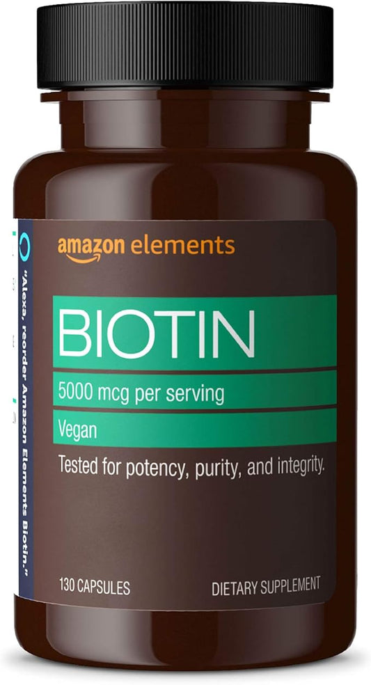 Amazon Elements - Biotin, 5000 mcg, Vegan, Helps maintain hair growth, healthy skin, and nails, 130 Capsules (4 month supply) (Packaging may vary)