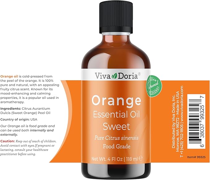 Viva Doria Orange Essential Oil, 100% Pure, Natural, Sweet Orange Essential Oil, Undiluted, for Aromatherapy | Food Grade, 118 mL (4 Fluid Ounce)