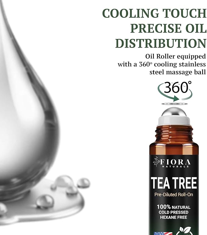 Fiora Naturals Tea Tree Oil Roll On - 100% Natural Tea Tree Essential Oil for Skin, Face, Acne, Nails, Cuticles, Scalp & Aromatherapy Wellness