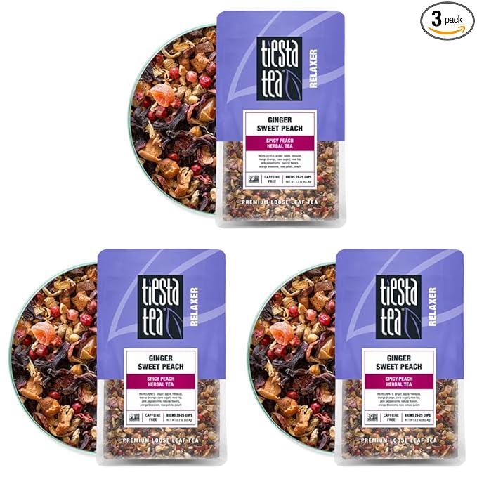 Tiesta Tea - Ginger Sweet Peach, Loose Leaf Spicy Peach Herbal Tea, Non-Caffeinated, Hot & Iced Tea, 2.2 oz Pouch - 25 Cups, Natural Flavored, Stress Relief, Herbal Tea Loose Leaf Blend (Pack of 3)