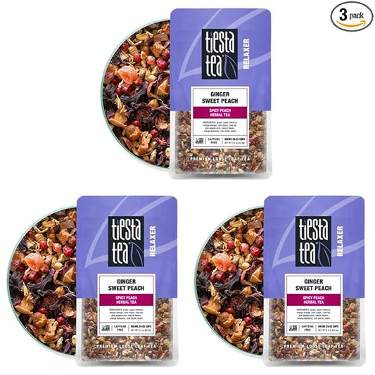 Tiesta Tea - Ginger Sweet Peach, Loose Leaf Spicy Peach Herbal Tea, Non-Caffeinated, Hot & Iced Tea, 2.2 oz Pouch - 25 Cups, Natural Flavored, Stress Relief, Herbal Tea Loose Leaf Blend (Pack of 3)