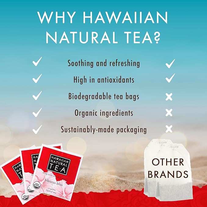 Hawaiian Natural Tea - Organic Hibiscus Bliss Herbal Tea, Caffeine-Free Hibiscus, All-Natural and Antioxidant-Rich Wellness Tea, Vegan and Keto-Friendly, 20 Bags