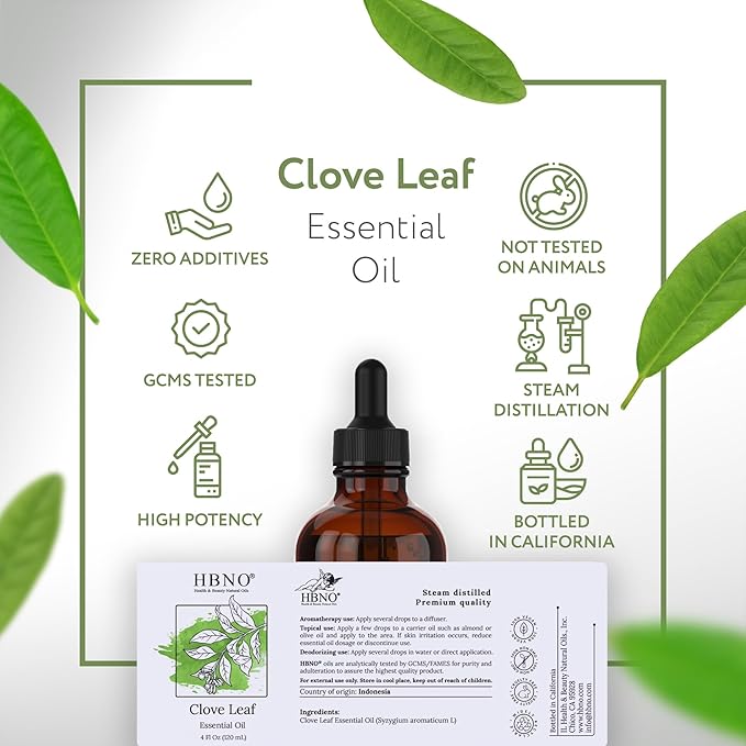 HBNO California Bottled Clove Leaf Essential Oil 4 fl oz (120ml) Value Size - Natural Oil for Cleaning, Aromatherapy, DIY, Soap & Diffuser