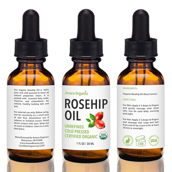 Rosehip Oil for Face - Unrefined & Cold Pressed Essential Oil from the Seed - Nourishing for Skin & Hair - USDA Certified Organic & 100% Pure - 1 Oz