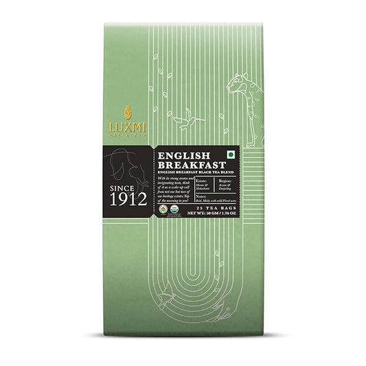 Luxmi Estates - Tale of Two Estates - Organic English Breakfast Tea - 25 Tea Bags | Made with Organic Darjeeling & Assam Tea from India | Smooth, Flavorful, Robust and Caffeinated