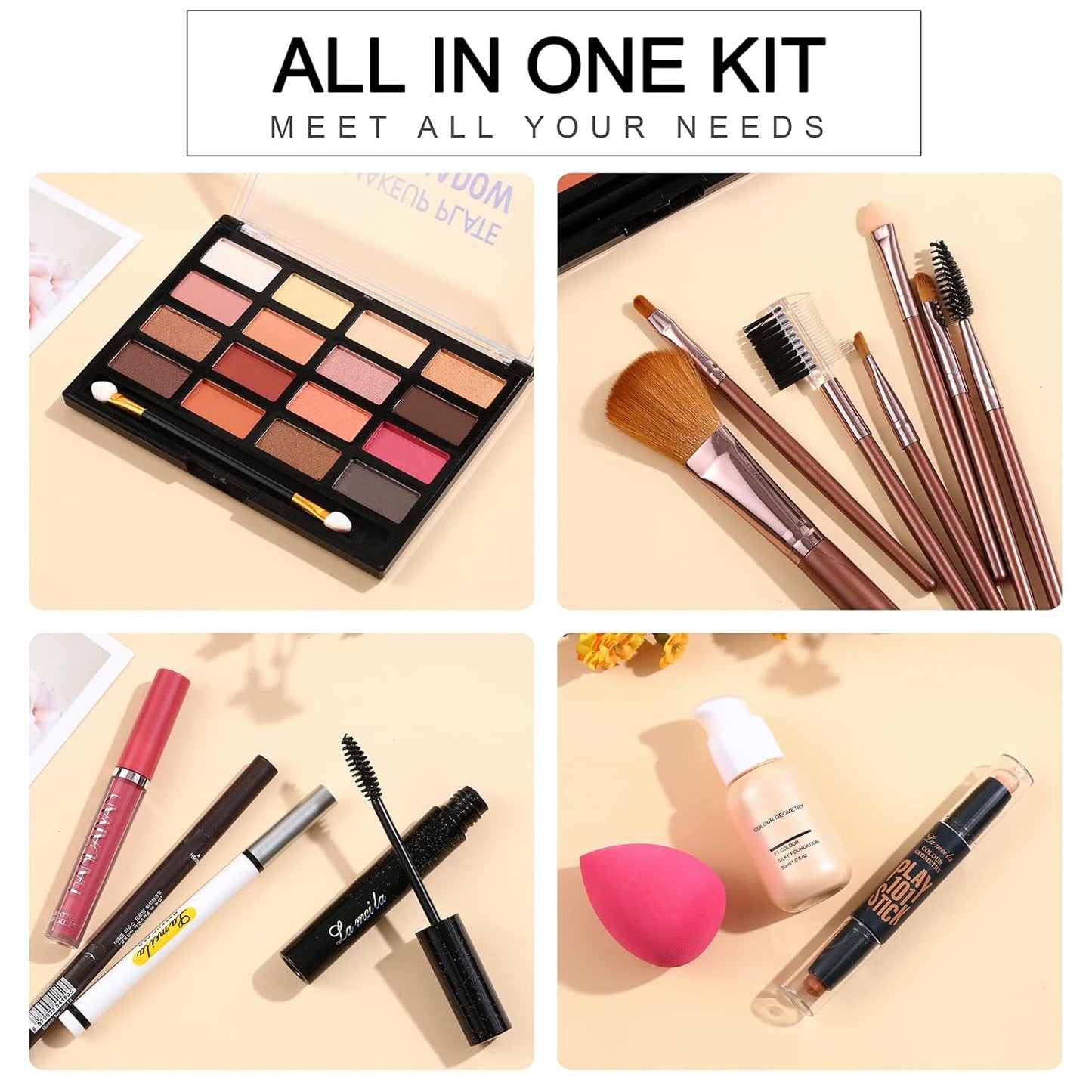 All in One Makeup Kit For Women Girls Teens Makeup set 16 Colors Eyeshadow Palette Foundation Eyeliner Contouring Stick Lip Gloss Eyebrow Mascara Makeup Brushes Makeup Gift Sets