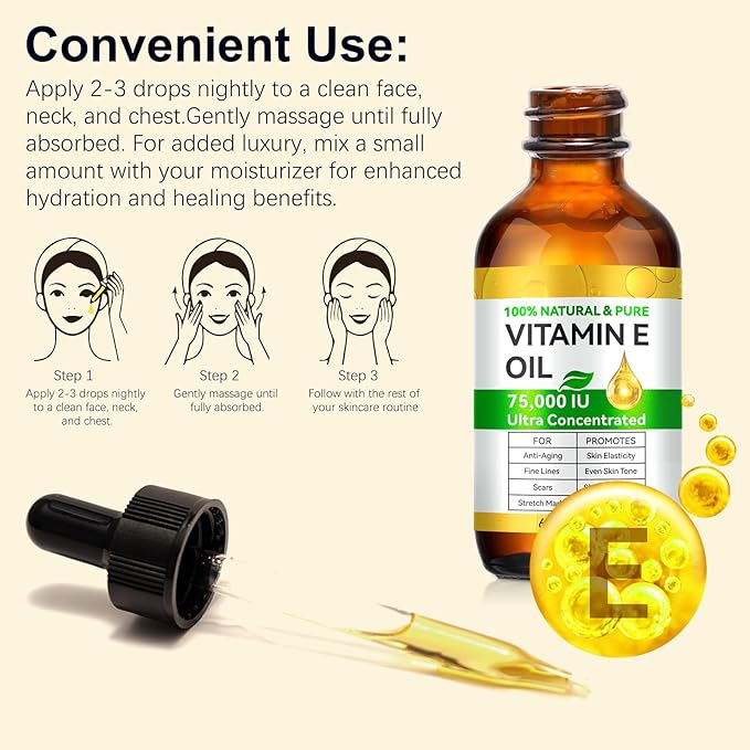 2 Fl Oz Vitamin E Oil Blend 75,000 IU, Vitamin E Oil for Skin, Scars, Face & Full Body, Moisturize Dry Skin and Radiant Skin, Body Bath Oils, Organic Pure Easy to Absorb