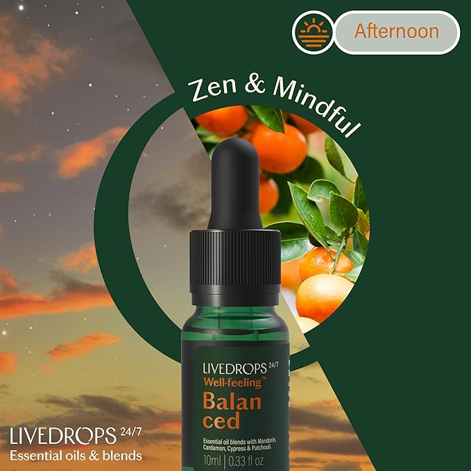 LIVEDROPS 24/7 Balanced Essential Oil Blend. Crafted in France Mandarin, Cardamon & Patchouli Pure & Natural Aromatherapy Skin Safe & Diffuser Compatible Clinically Tested