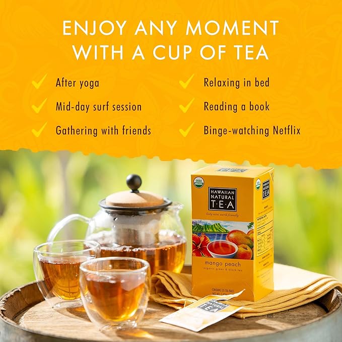 Hawaiian Natural Tea Mango Peach Flavored Organic Tea - Tropical Fruit Green and Black Tea Blend - Perfect Daily Cup & Gift for Special Occasions - 60 Tea Bags