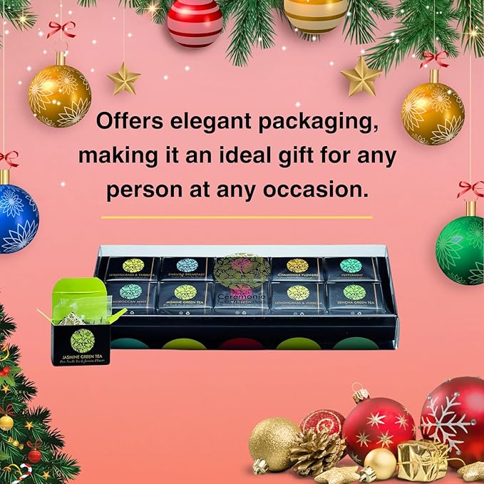 Ceremonie Tea Herbal Variety Pack - Kosher Set with Reusable Wooden Tray - Assorted Sampler With 10 Individually Wrapped Silky Mesh Bags - Single Serve Pouches